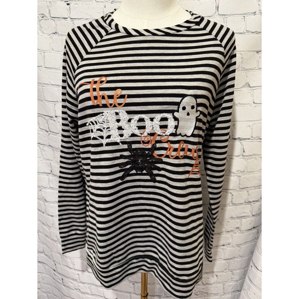 Feeling Festive Halloween L/S Top THE BOO CREW Sequin Ghost Spider Womens Medium